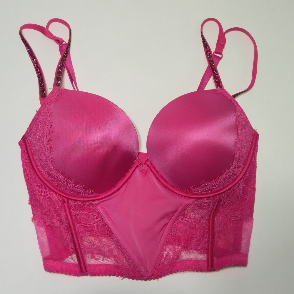 Victoria's Secret Very Sexy Push-Up Corset Bra Pink Lace Shine Strap 32DD E70